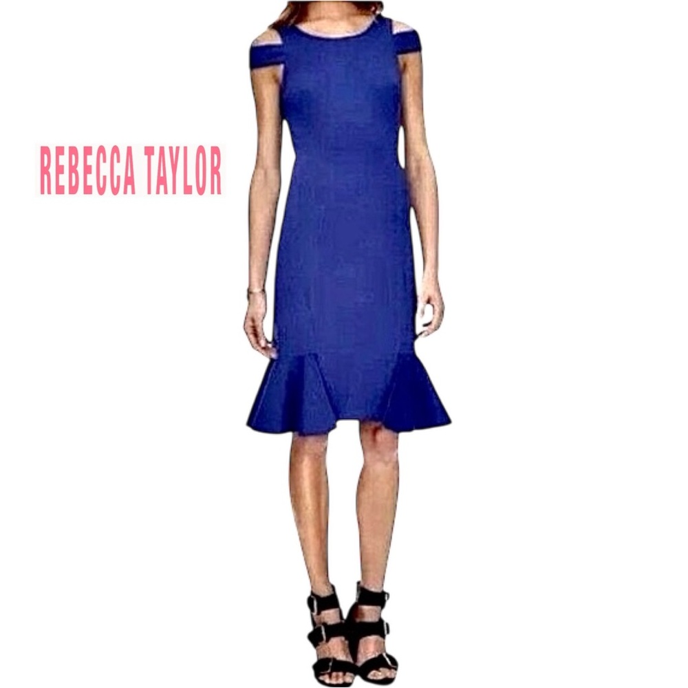 NWT Rebecca Taylor Blue Cold Shoulder Ruffle Hem Ponte Dress 8